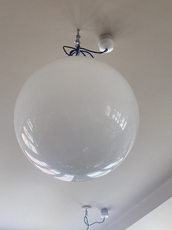 Large Globe Opaline light with chrome fittings.
