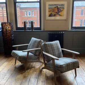 Hans Wegner style upholstered oak armchair