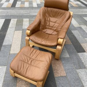 Mid Century Danish Brown Armchair and Stool