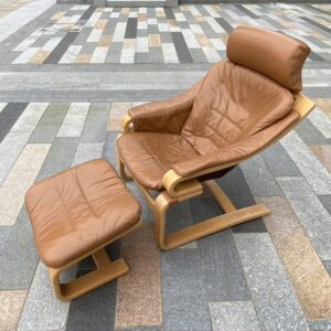 Mid Century Danish Brown Armchair and Stool