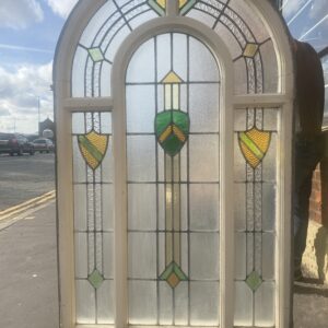 Art Deco Leaded Glass arched top wooden window.