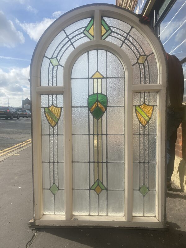 Art Deco Leaded Glass arched top wooden window.