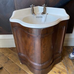 Early Victorian Ceramic Corner Sink with Taps and Mahogany Base Unit