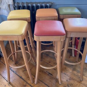 Mid Century Beech and Faux Leather Bar Stools