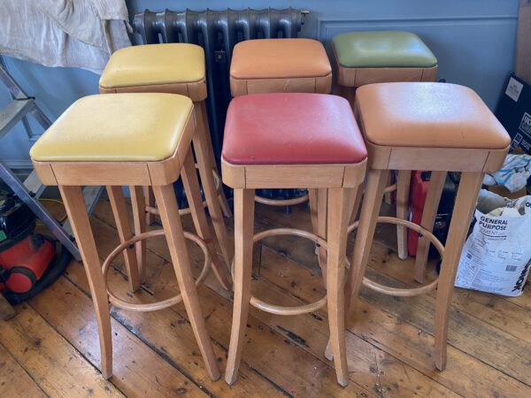 Mid Century Beech and Faux Leather Bar Stools