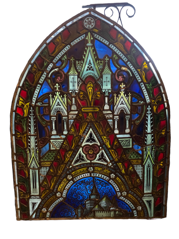 Victorian Stained and Leaded Religious Glass with Arched Top