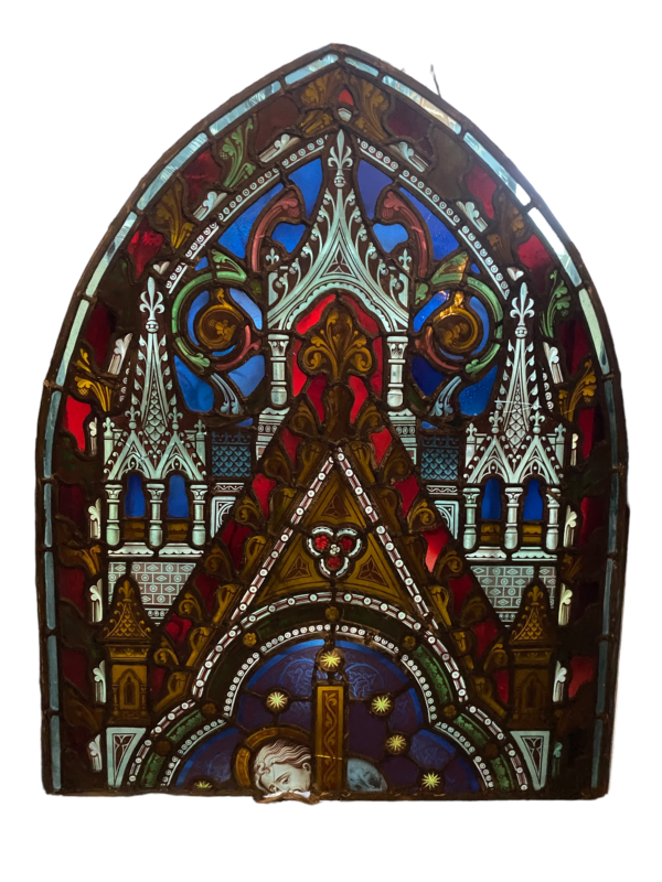 Victorian Stained and Leaded Religious Glass with Arched Top
