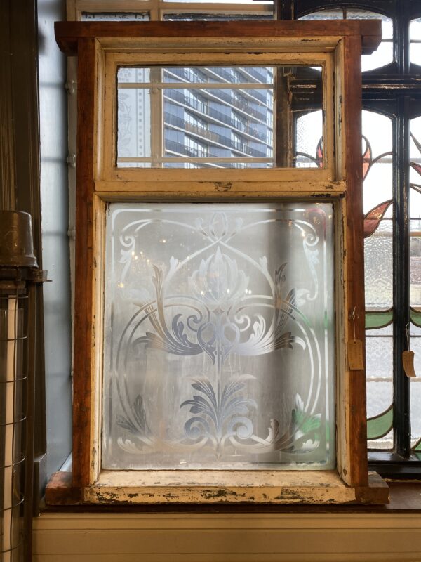 Victorian Pine and Etched Glass Window