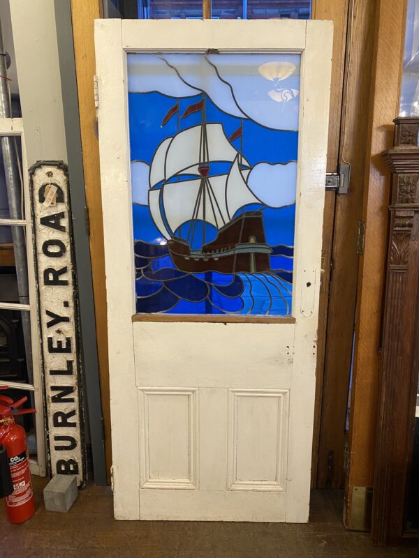 Mid Century Coloured Glass Door with Ship Design
