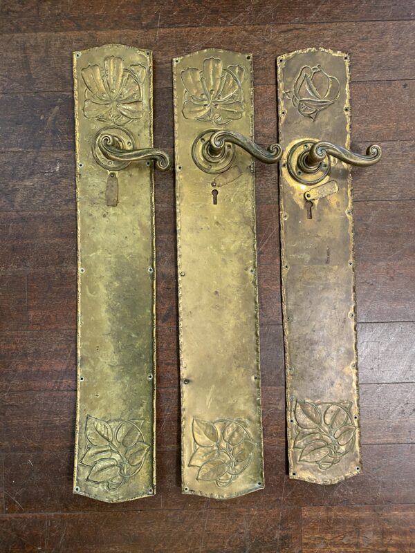 Art Nouveau Brass Lever Handle with Large Backing Plates