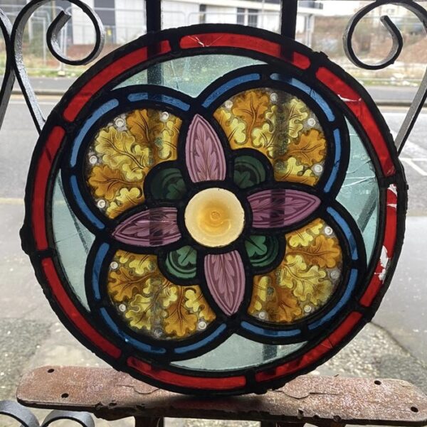 Victorian Circular Leaded and Painted Stained Glass Window