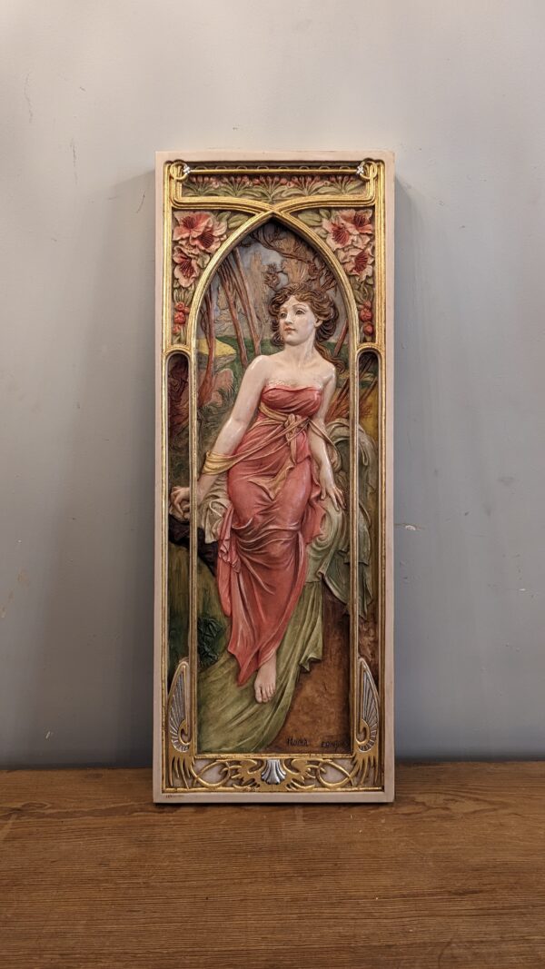 Art Nouveau Style Painted Alabaster Relief Inspired by Alphonse Mucha