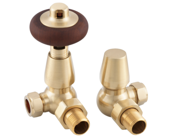 Kingsgrove 15mm Inlet Corner Thermostatic Radiator Valve (Brushed Brass), Lacquered