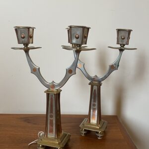 Machine Age Art Deco Mixed Metal Pair Of Candlesticks