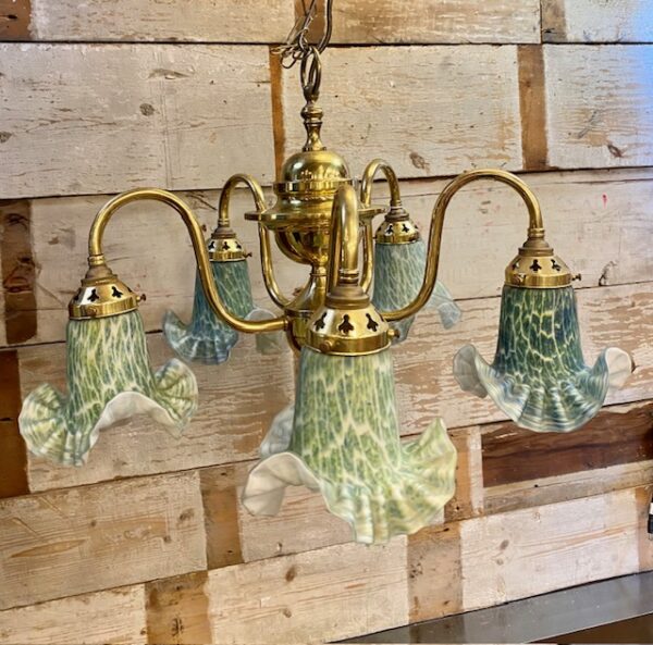 Vintage French Brass Five Arm Pendant Light With Mottled Glass Shades