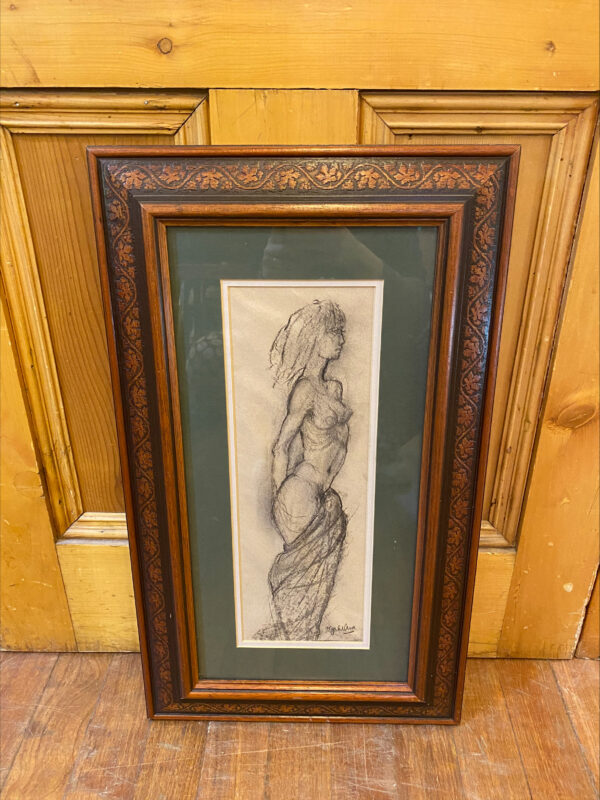 Original Charcoal Sketch In Carved Wood Frame