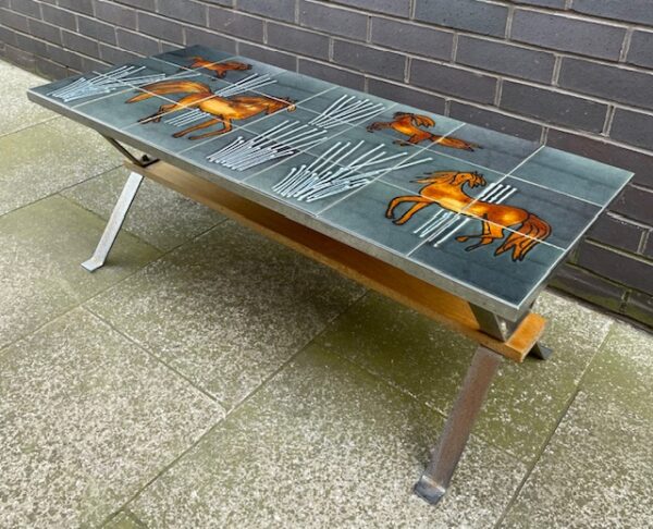 Mid Century French Chrome & Tile Coffee Table With Horse Design