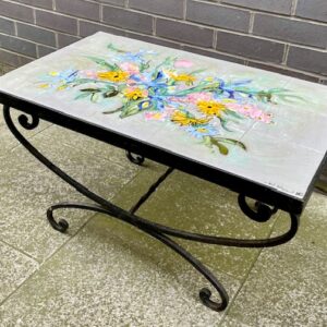 Mid Century French Wrought Iron & Tile Coffee Table Summer Floral Design