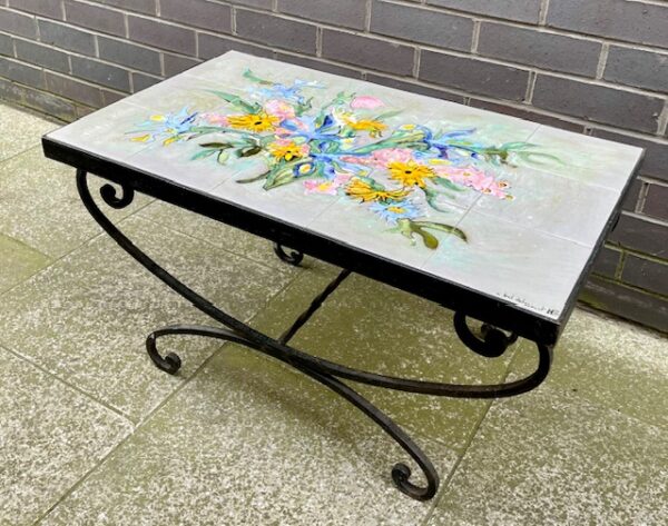 Mid Century French Wrought Iron & Tile Coffee Table Summer Floral Design