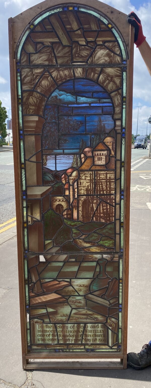 Victorian Stained Glass Window Depicting A Rural Scene