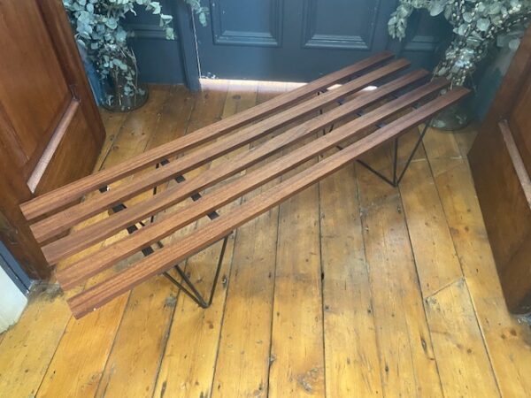 Mid Century Teak & Metal Slatted Bench