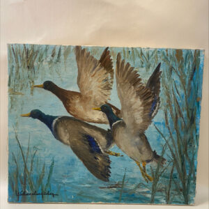 Vintage Oil Painting Of Ducks In Flight