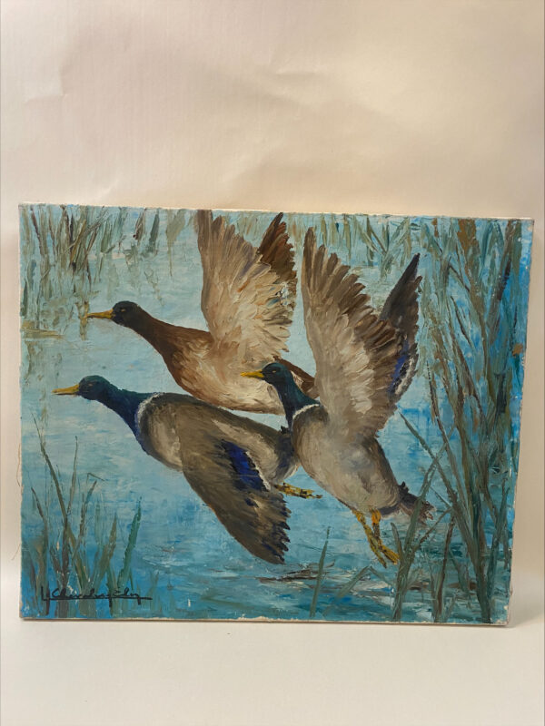 Vintage Oil Painting Of Ducks In Flight