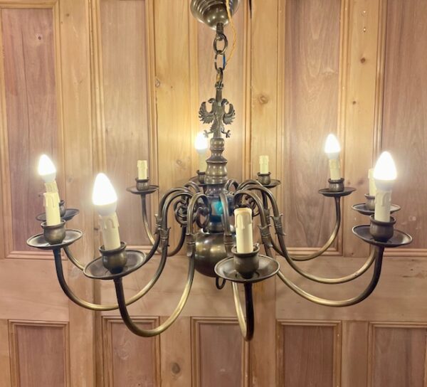 Flemish Brass Ten Arm Chandelier With Double Headed Eagle Motif