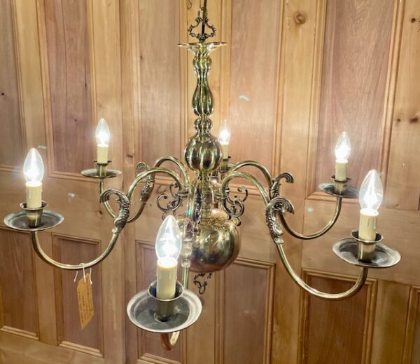 Early 20th Century Flemish Solid Brass Six Arm Chandelier