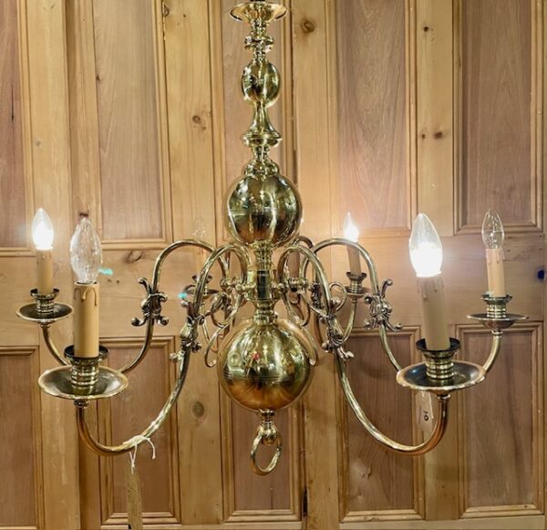 Early 20th Century Flemish Solid Polished Brass Six Arm Chandelier