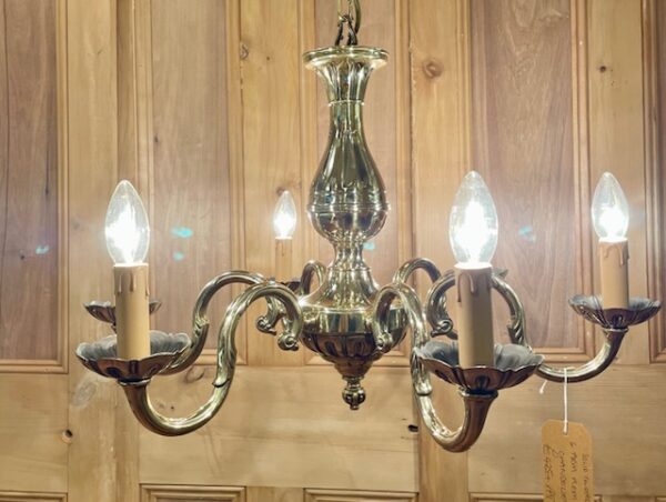 Early 20th Century Flemish Solid Polished Brass Six Arm Chandelier