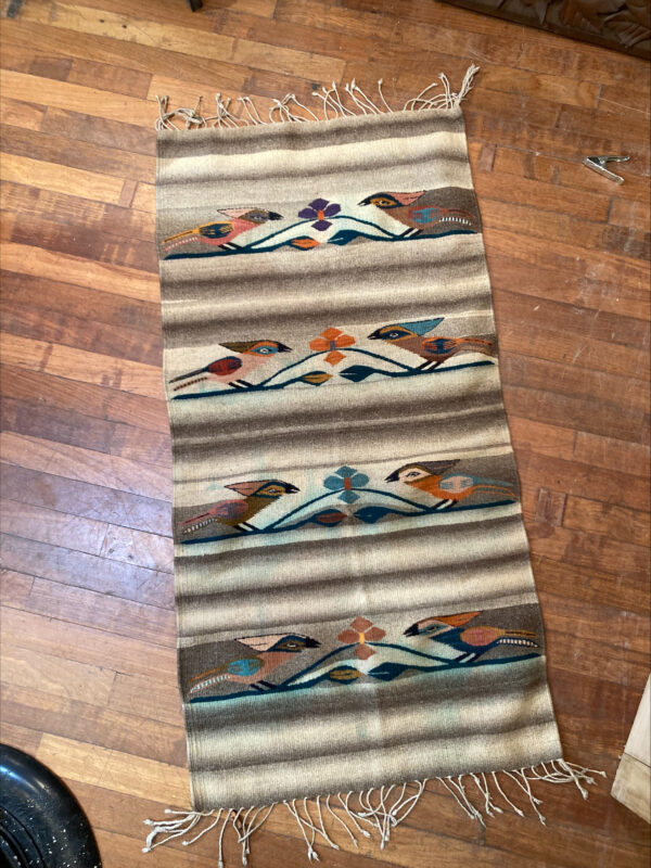 Mexican Style Woven Wool Rug With Colourful Birds