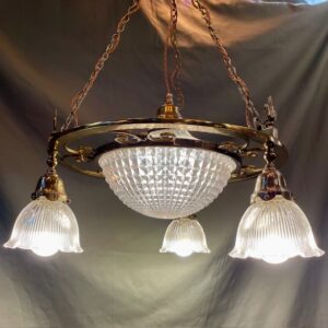 Brass Pendant With 3 Holophane Lights And Central Bowl