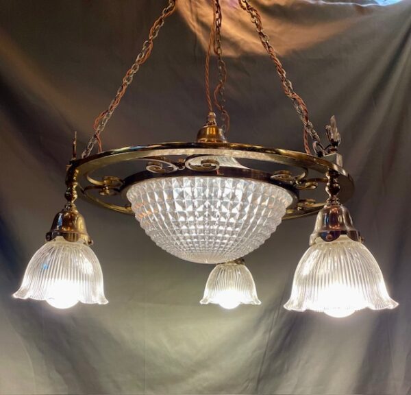 Brass Pendant With 3 Holophane Lights And Central Bowl