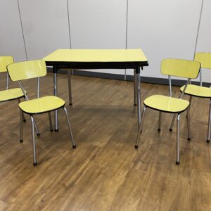 1960s British Yellow Melamine Drawer Leaf Table With Chairs