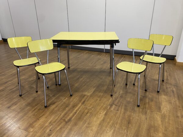 1960s British Yellow Melamine Drawer Leaf Table With Chairs