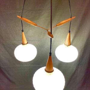 Mid Century Brass And Ash Pendant With 3 White Glass Shades