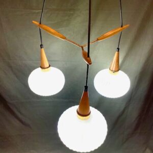 Alternative view of Mid Century Brass And Ash Pendant With 3 White Glass Shades