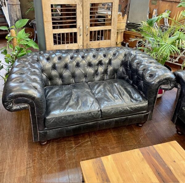 Black Leather Deep Button Chesterfield Sofa