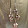 Mid Century Teak & Chrome Four Arm Pendant With Pale Pink Glass Shades Mid Century Teak & Chrome Four Arm Pendant With Pale Pink Glass Shades