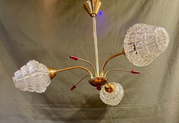 Mid Century Gilt Pendant With Three Glass Shades & Red Acrylic Accents