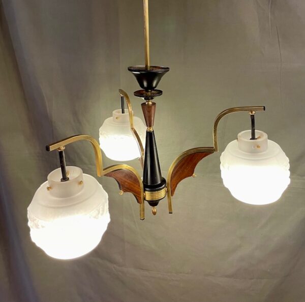 Mid Century Teak & Brass Three Arm Pendant With Frosted Glass Shades