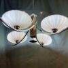 Mid Century Teak & Brass Three Arm Pendant With Frosted Glass Shades
