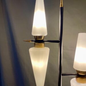 Mid Century Floor Lamp Black Steel Frame & Four White Glass Shades & Brass