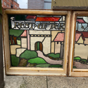 Victorian Stained Glass Panel With Medieval Poem