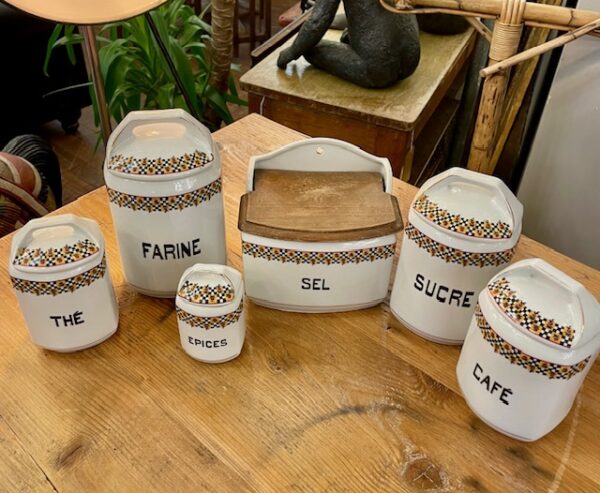 Mid Century French Storage Jars With Lidded Salt Pot