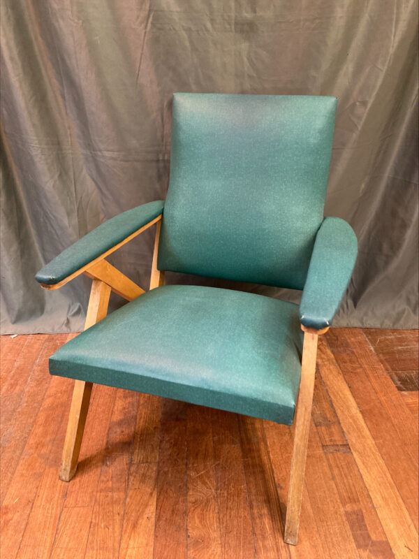 Mid Century Green Vinyl & Wood Lounge Chair