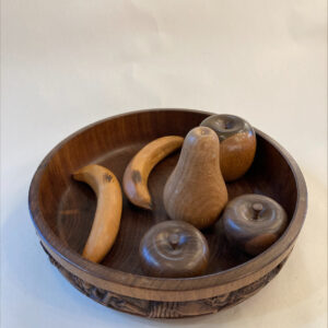 Mid Century Wooden Fruit Bowl With Wooden Fruit