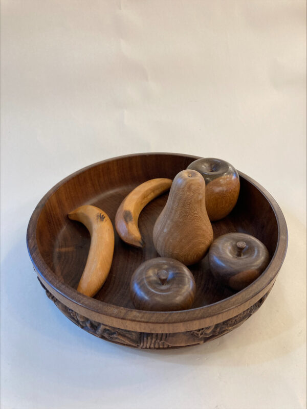 Mid Century Wooden Fruit Bowl With Wooden Fruit