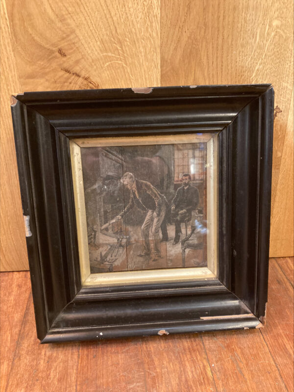 Vintage Framed Wooden Block Art Of Man Next To Fireplace